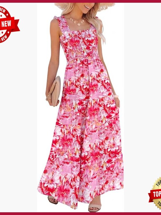 Dresses & Skirts - Sleeveless Maxi Dress Smocked Bodice Tiered A-Line Flowy Summer Beach